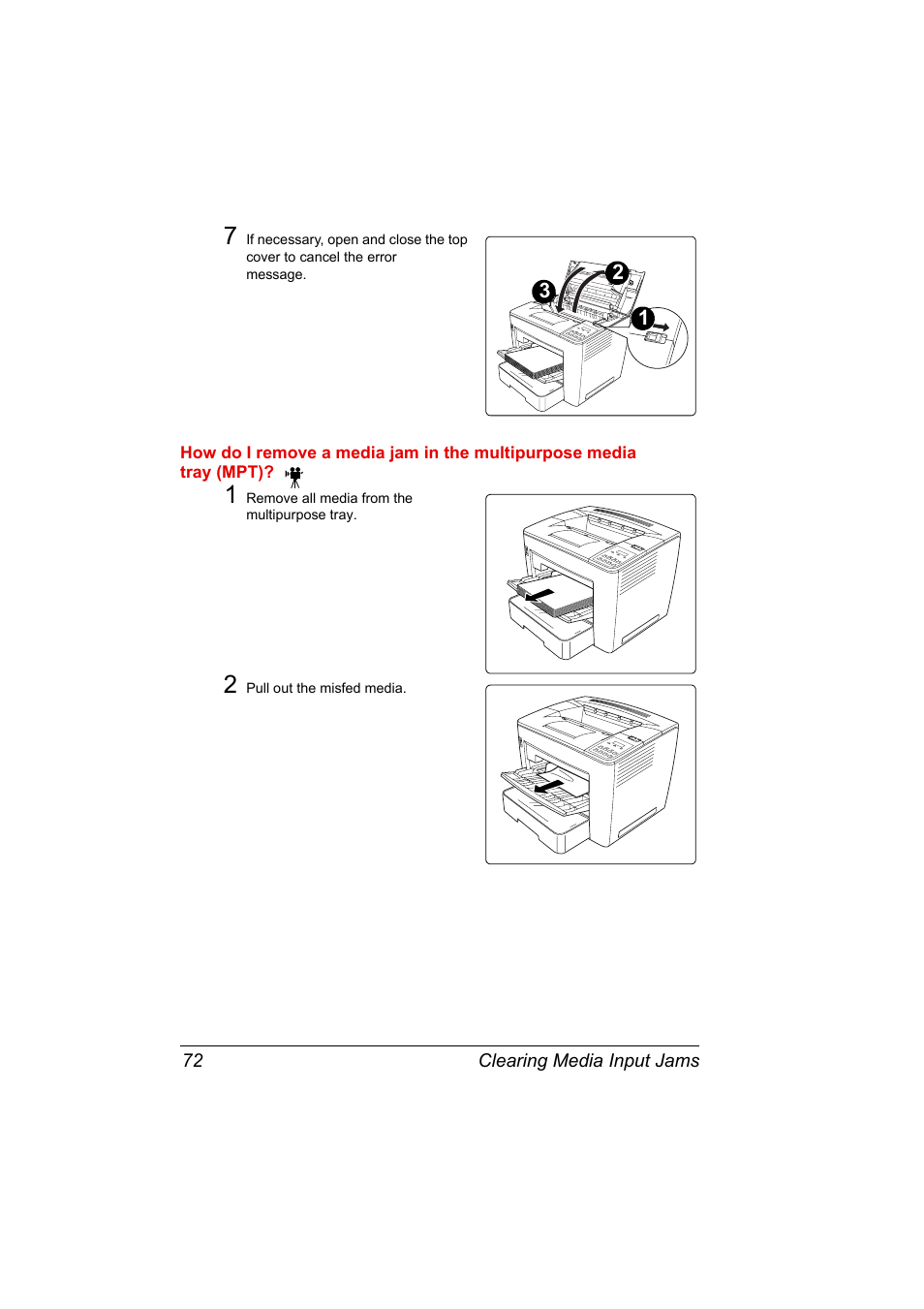 1 remove all media from the multipurpose tray, 2 pull out the misfed media | Konica Minolta PAGEPRO 9100 User Manual | Page 78 / 178