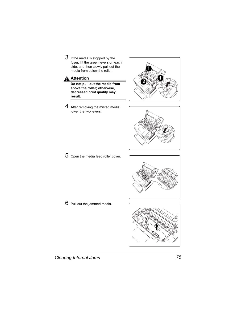 5 open the media feed roller cover, 6 pull out the jammed media | Konica Minolta PAGEPRO 9100 User Manual | Page 81 / 178