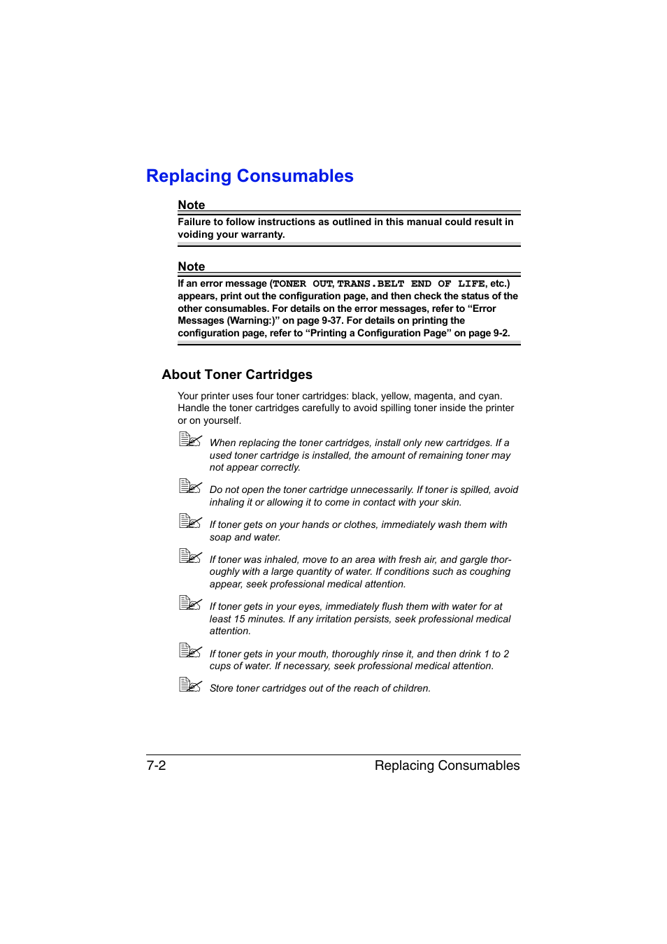 Replacing consumables, About toner cartridges, Replacing consumables -2 | About toner cartridges -2 | Konica Minolta magicolor 4750EN-4750DN User Manual | Page 155 / 280