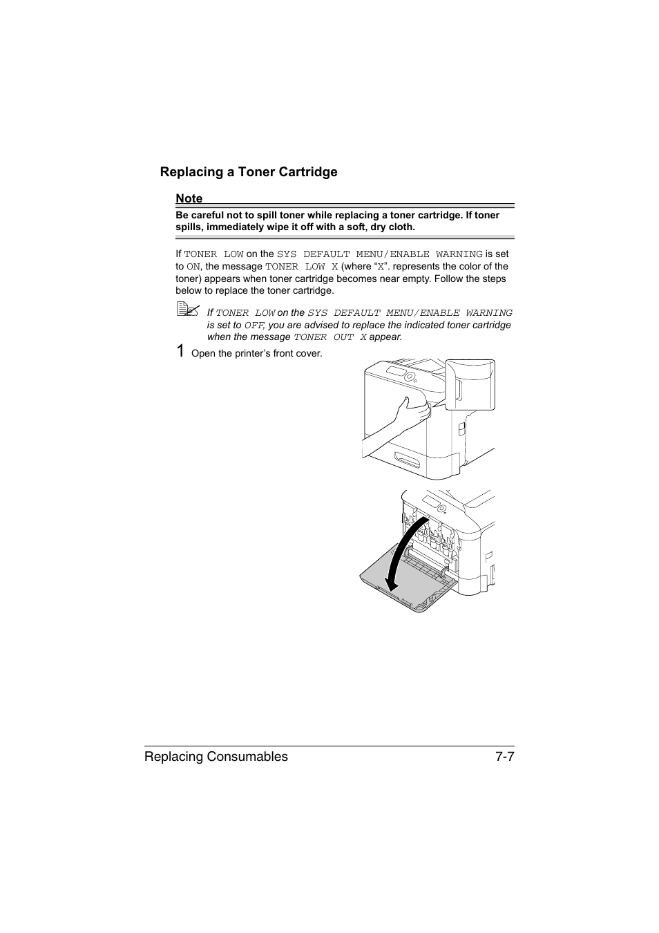 Replacing a toner cartridge, Replacing a toner cartridge -7 | Konica Minolta magicolor 4750EN-4750DN User Manual | Page 160 / 280