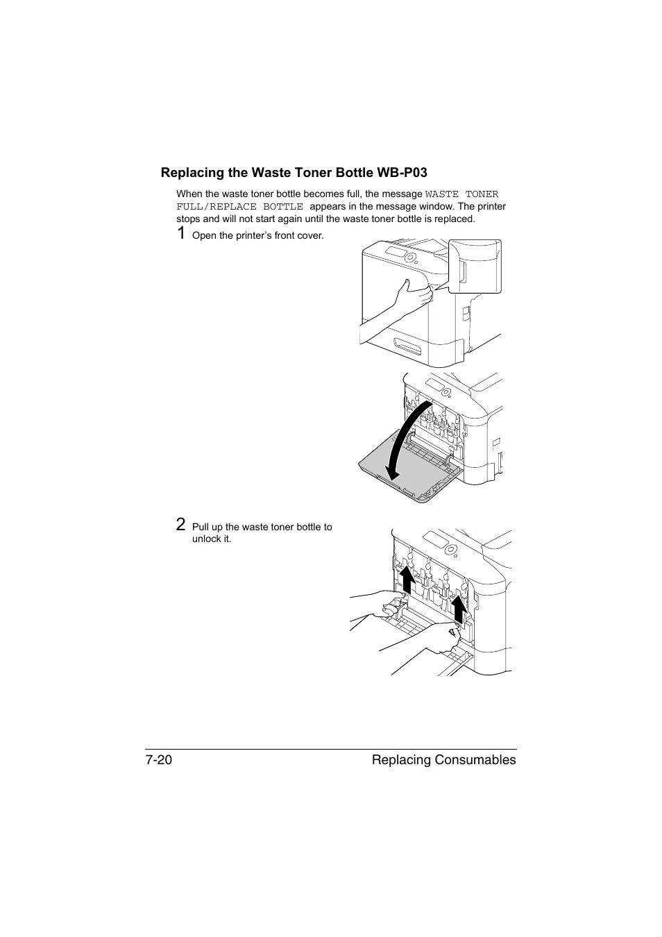 Replacing the waste toner bottle wb-p03, Replacing the waste toner bottle wb-p03 -20 | Konica Minolta magicolor 4750EN-4750DN User Manual | Page 173 / 280