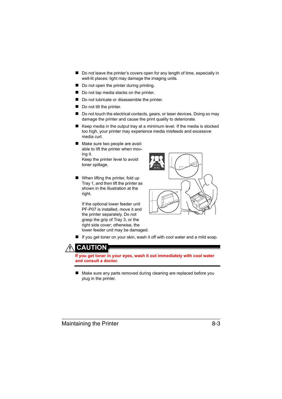 Caution, Maintaining the printer 8-3 | Konica Minolta magicolor 4750EN-4750DN User Manual | Page 196 / 280