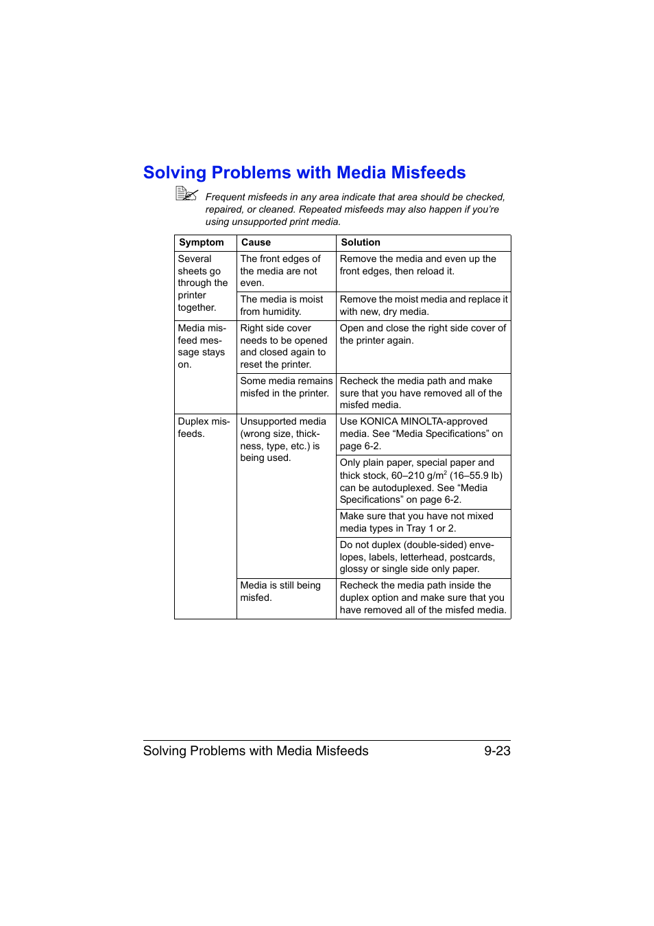 Solving problems with media misfeeds, Solving problems with media misfeeds -23, Solving problems with media misfeeds 9-23 | Konica Minolta magicolor 4750EN-4750DN User Manual | Page 230 / 280