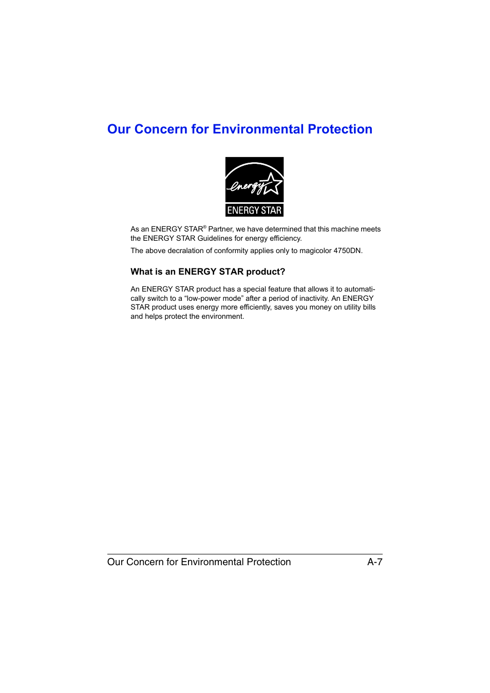 Our concern for environmental protection, What is an energy star product | Konica Minolta magicolor 4750EN-4750DN User Manual | Page 278 / 280
