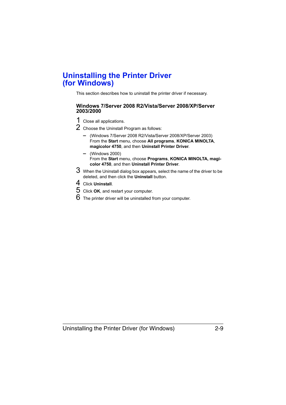 Uninstalling the printer driver (for windows), Uninstalling the printer driver (for windows) -9 | Konica Minolta magicolor 4750EN-4750DN User Manual | Page 30 / 280