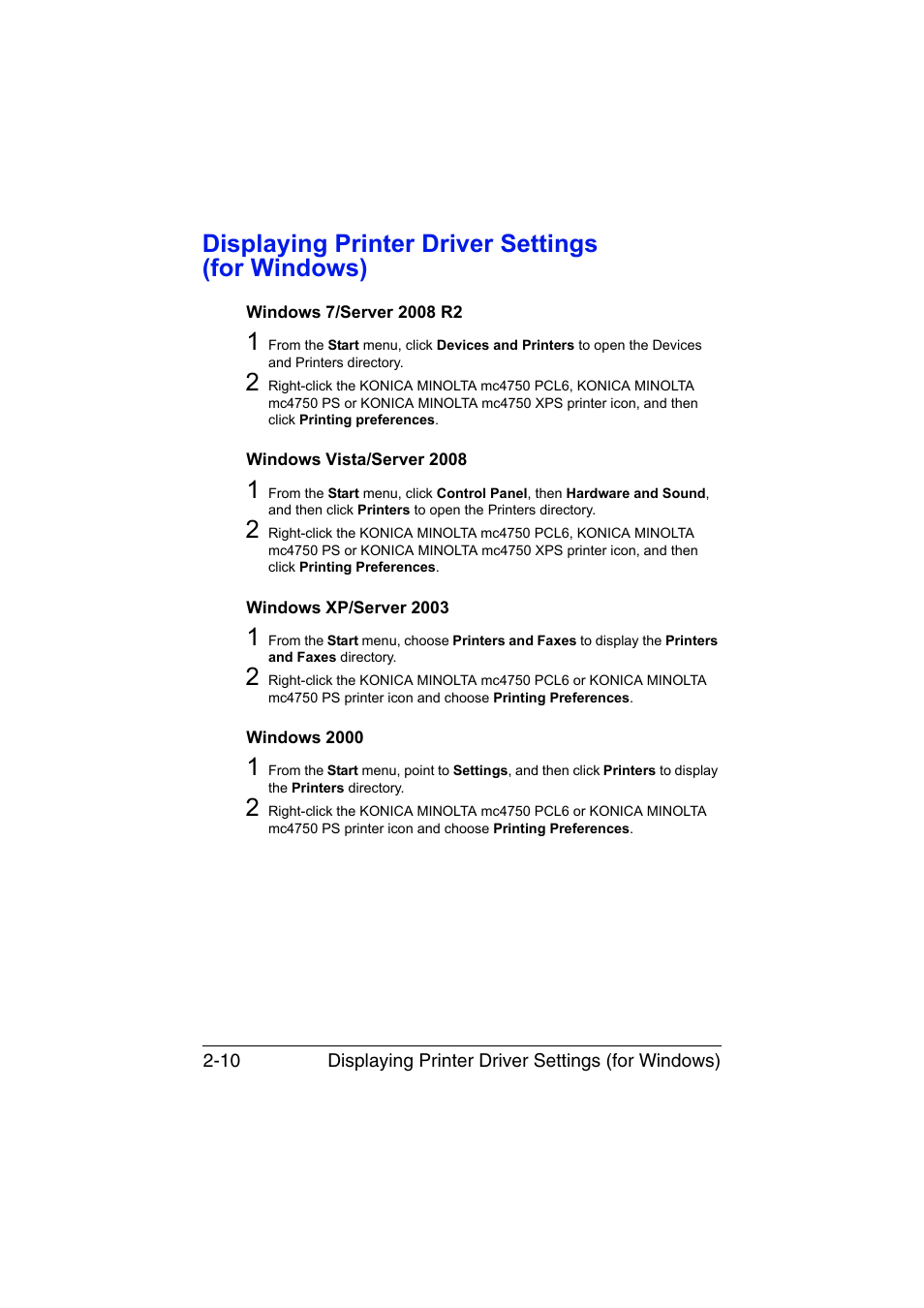 Displaying printer driver settings (for windows), Windows 7/server 2008 r2, Windows vista/server 2008 | Windows xp/server 2003, Windows 2000 | Konica Minolta magicolor 4750EN-4750DN User Manual | Page 31 / 280