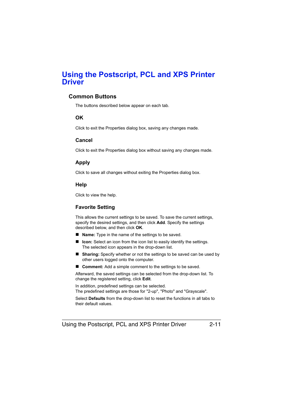 Using the postscript, pcl and xps printer driver, Common buttons, Cancel | Apply, Help, Favorite setting, Common buttons -11 | Konica Minolta magicolor 4750EN-4750DN User Manual | Page 32 / 280