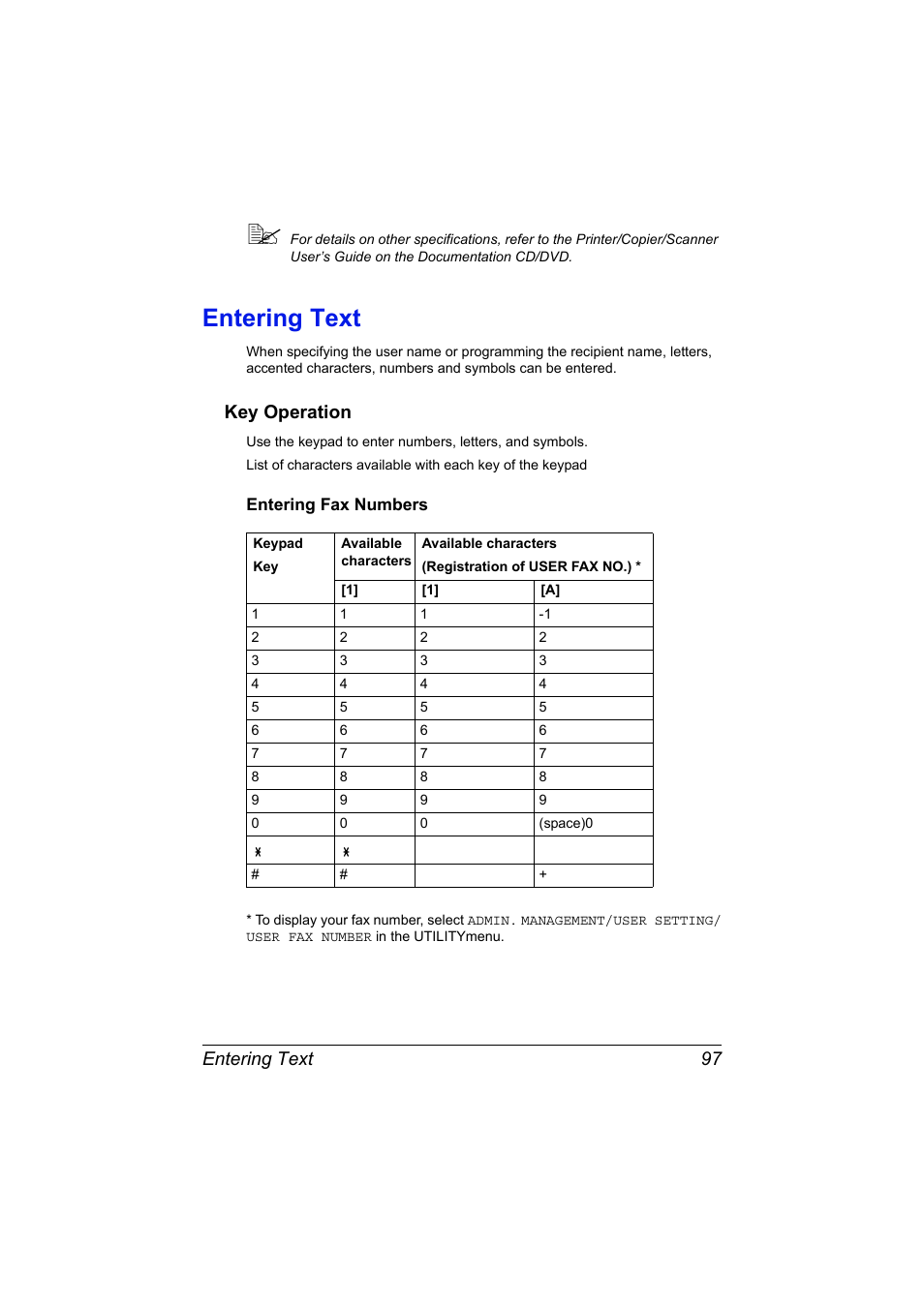 Entering text, Key operation, Entering fax numbers | Entering text 97, Key operation 97, Entering fax numbers 97 | Konica Minolta MAGICOLOR 4695MF User Manual | Page 103 / 110