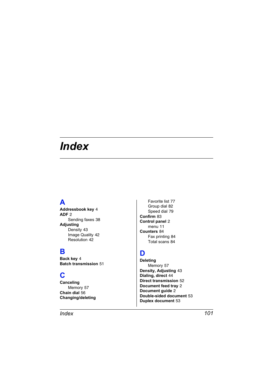 Index, A to d, Index 101 | Konica Minolta MAGICOLOR 4695MF User Manual | Page 107 / 110