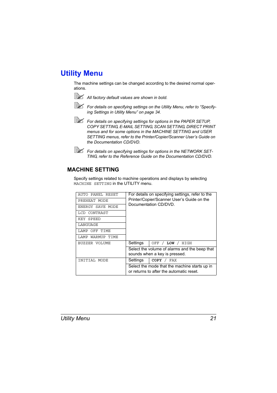 Utility menu, Machine setting, Utility menu 21 | Machine setting 21 | Konica Minolta MAGICOLOR 4695MF User Manual | Page 27 / 110