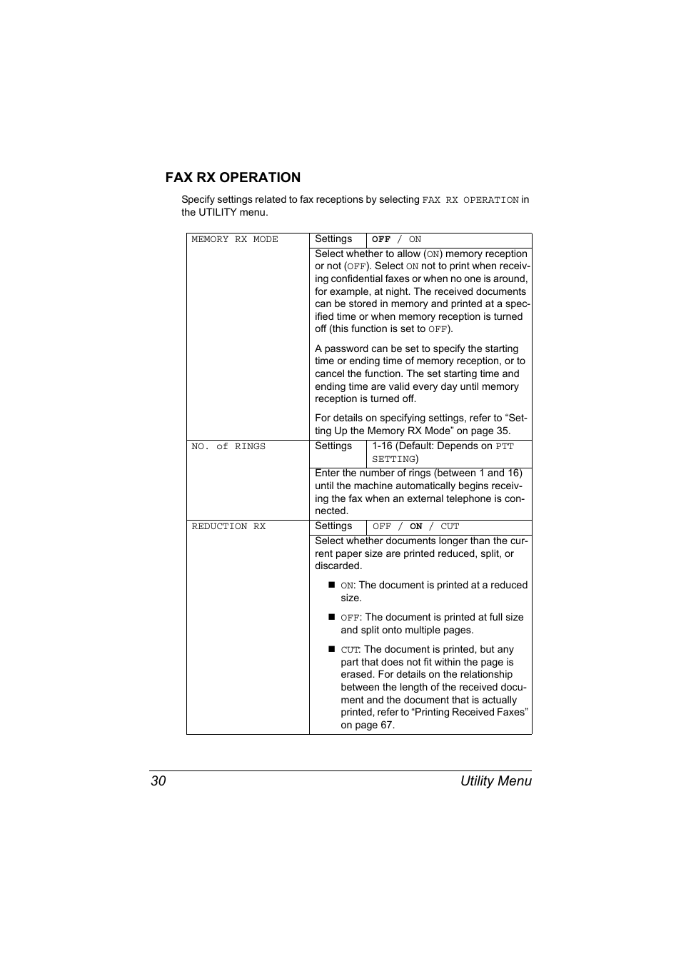 Fax rx operation, Fax rx operation 30, Utility menu 30 fax rx operation | Konica Minolta MAGICOLOR 4695MF User Manual | Page 36 / 110