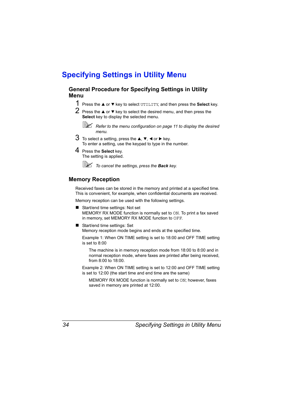 Specifying settings in utility menu, Memory reception, Specifying settings in utility menu 34 | Konica Minolta MAGICOLOR 4695MF User Manual | Page 40 / 110