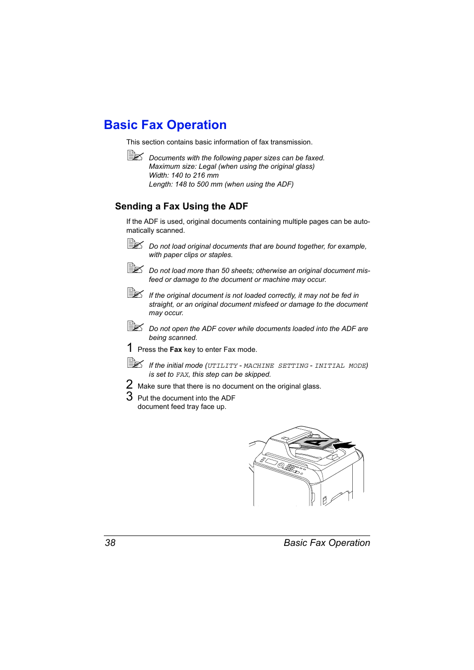 Basic fax operation, Sending a fax using the adf, Basic fax operation 38 | Sending a fax using the adf 38 | Konica Minolta MAGICOLOR 4695MF User Manual | Page 44 / 110