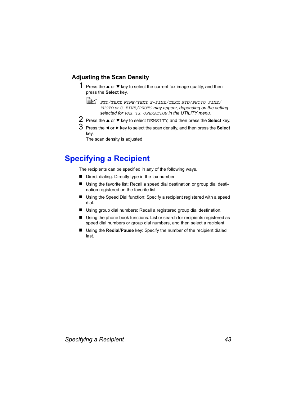 Adjusting the scan density, Specifying a recipient, Adjusting the scan density 43 | Specifying a recipient 43 | Konica Minolta MAGICOLOR 4695MF User Manual | Page 49 / 110