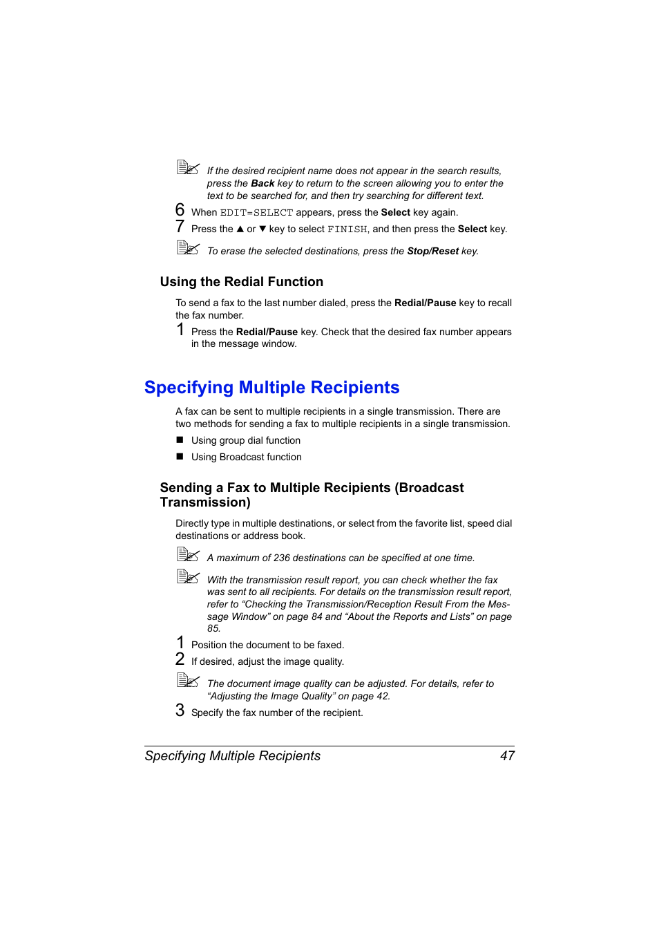 Using the redial function, Specifying multiple recipients, Using the redial function 47 | Specifying multiple recipients 47 | Konica Minolta MAGICOLOR 4695MF User Manual | Page 53 / 110