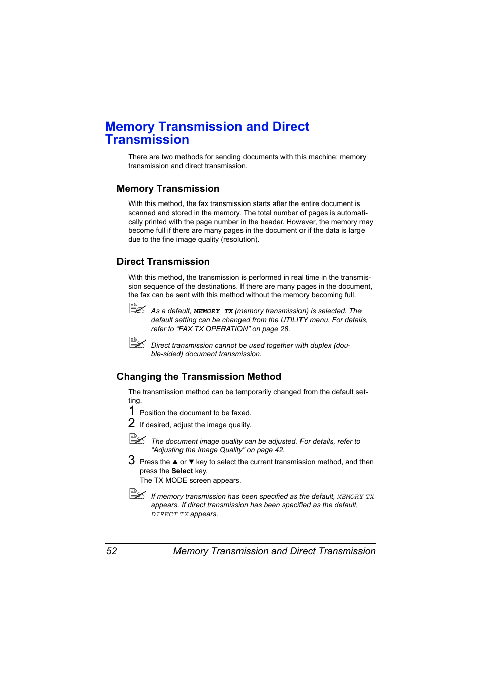 Memory transmission and direct transmission, Memory transmission, Direct transmission | Changing the transmission method, Memory transmission and direct transmission 52 | Konica Minolta MAGICOLOR 4695MF User Manual | Page 58 / 110