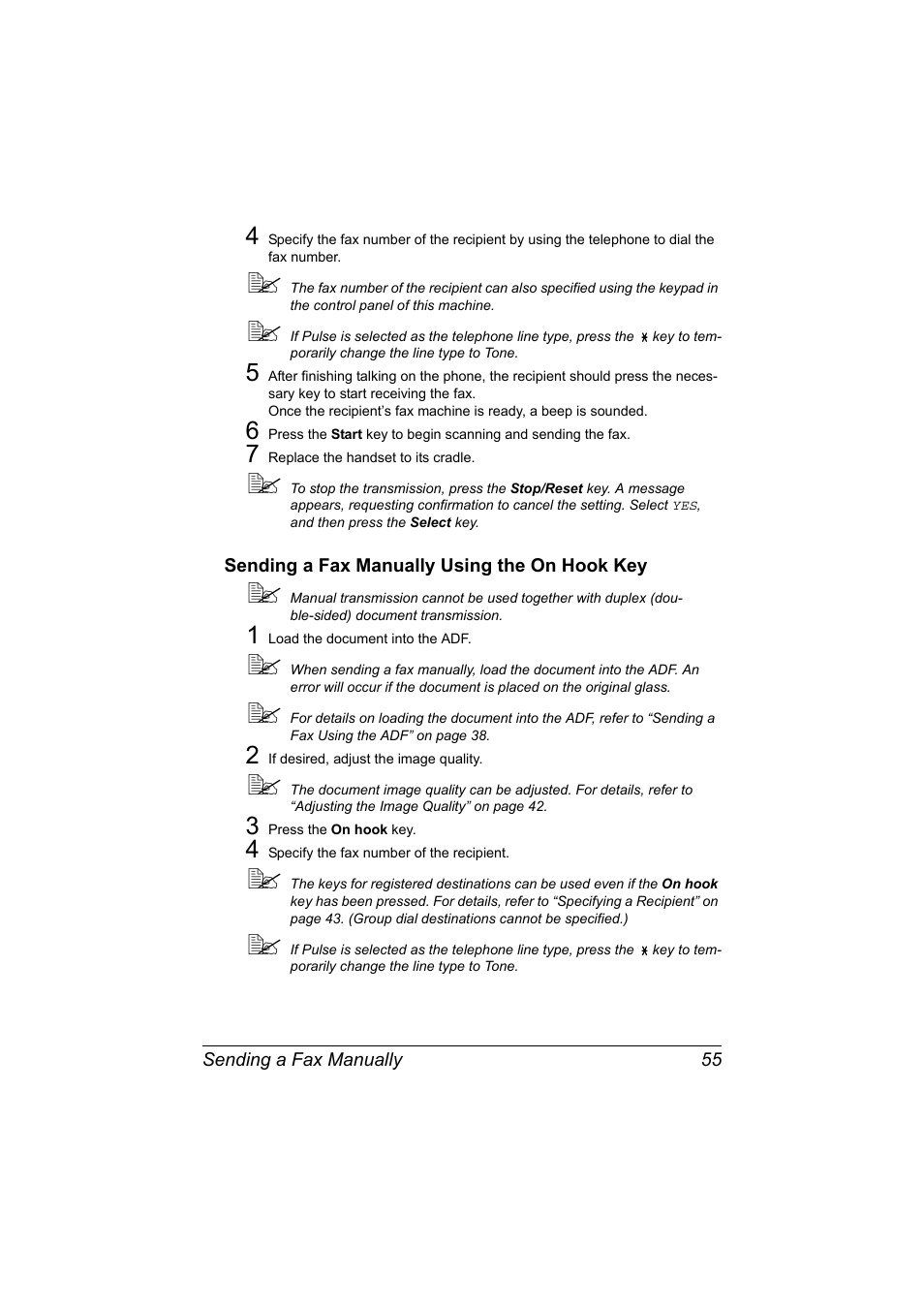 Sending a fax manually using the on hook key, Sending a fax manually using the on hook key 55 | Konica Minolta MAGICOLOR 4695MF User Manual | Page 61 / 110