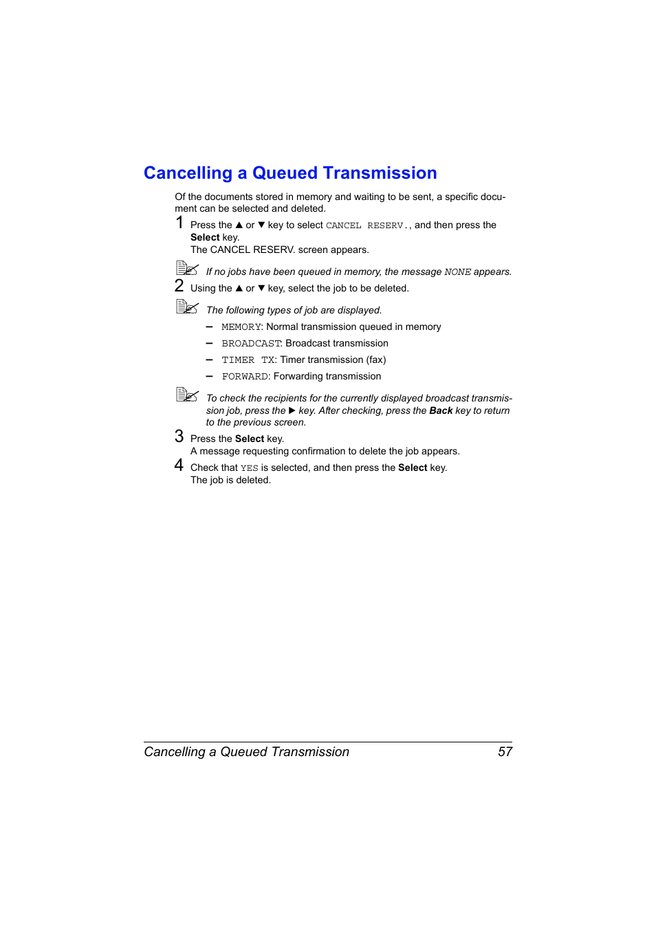 Cancelling a queued transmission, Cancelling a queued transmission 57, To “cancelling a queued transmission | Konica Minolta MAGICOLOR 4695MF User Manual | Page 63 / 110