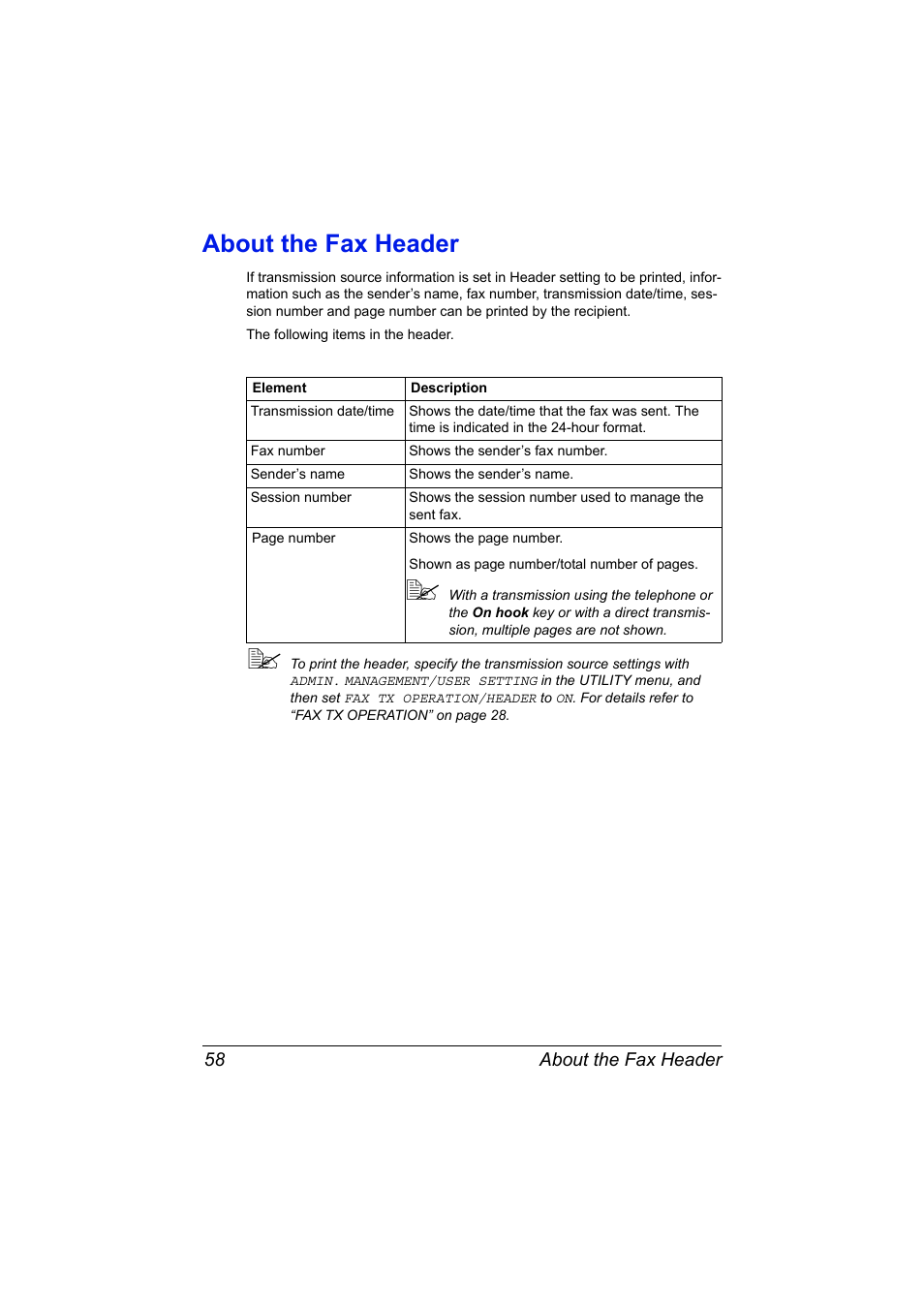 About the fax header, About the fax header 58 | Konica Minolta MAGICOLOR 4695MF User Manual | Page 64 / 110
