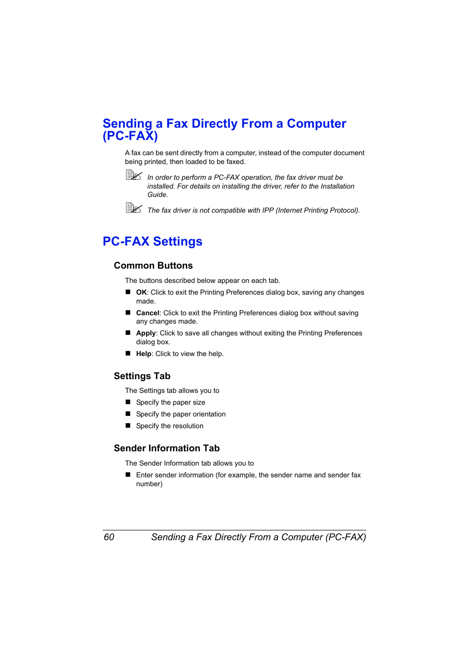 Sending a fax directly from a computer (pc-fax), Pc-fax settings, Common buttons | Settings tab, Sender information tab | Konica Minolta MAGICOLOR 4695MF User Manual | Page 66 / 110
