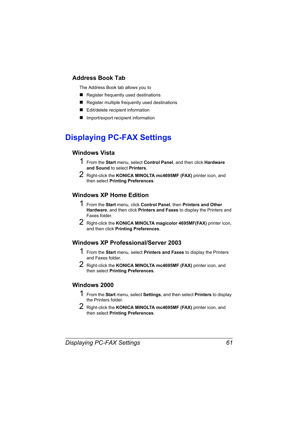 Address book tab, Displaying pc-fax settings, Windows vista | Windows xp home edition, Windows xp professional/server 2003, Windows 2000, Address book tab 61, Displaying pc-fax settings 61, Windows vista 61 | Konica Minolta MAGICOLOR 4695MF User Manual | Page 67 / 110