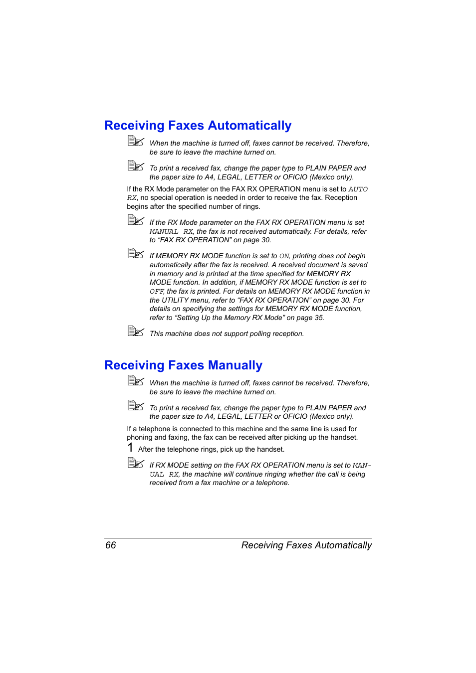 Receiving faxes automatically, Receiving faxes manually | Konica Minolta MAGICOLOR 4695MF User Manual | Page 72 / 110