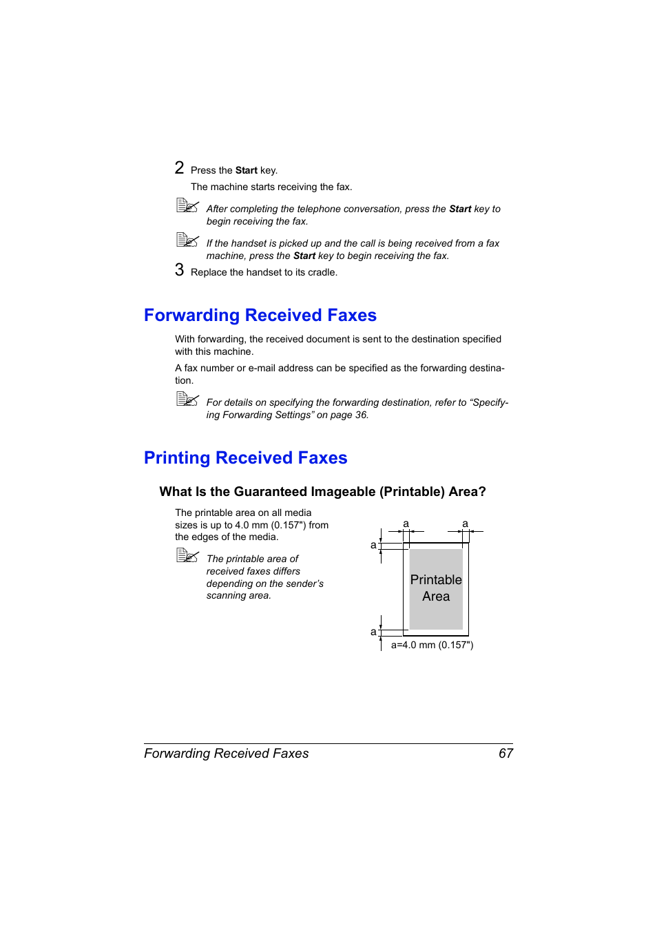 Forwarding received faxes, Printing received faxes, What is the guaranteed imageable (printable) area | Konica Minolta MAGICOLOR 4695MF User Manual | Page 73 / 110