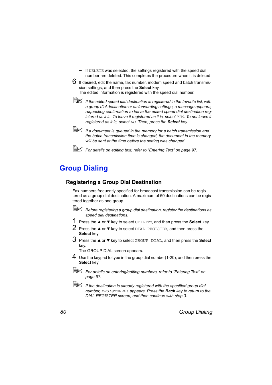 Group dialing, Registering a group dial destination, Group dialing 80 | Registering a group dial destination 80 | Konica Minolta MAGICOLOR 4695MF User Manual | Page 86 / 110