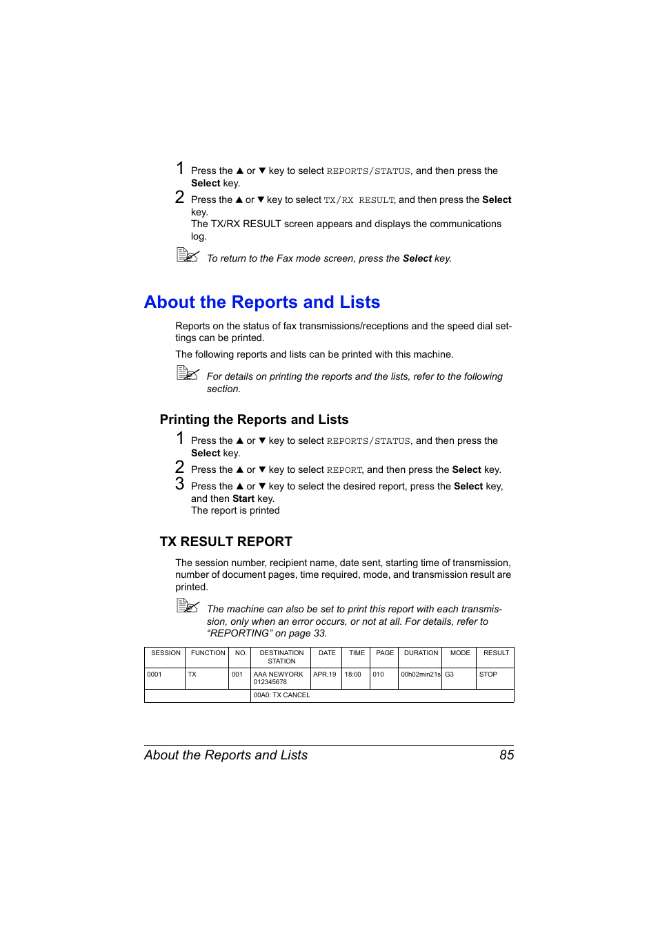 About the reports and lists, Printing the reports and lists, Tx result report | About the reports and lists 85 | Konica Minolta MAGICOLOR 4695MF User Manual | Page 91 / 110