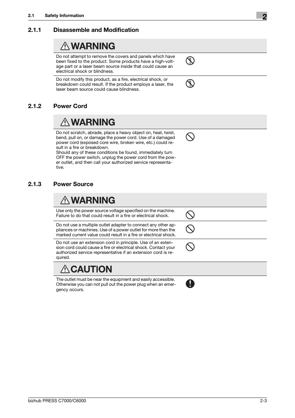 1 disassemble and modification, 2 power cord, 3 power source | Disassemble and modification -3, Power cord -3, Power source -3 | Konica Minolta bizhub PRESS C6000 User Manual | Page 12 / 42