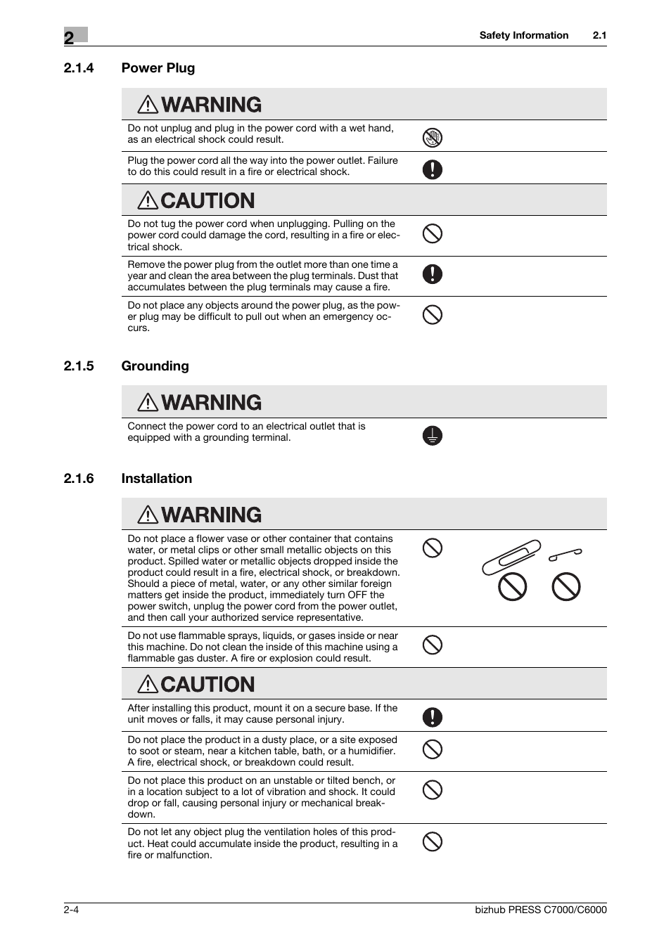 4 power plug, 5 grounding, 6 installation | Power plug -4, Grounding -4, Installation -4 | Konica Minolta bizhub PRESS C6000 User Manual | Page 13 / 42