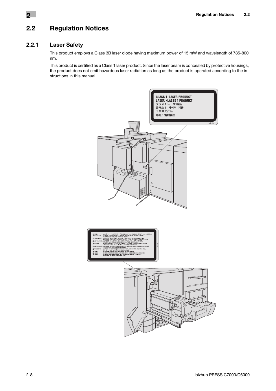 2 regulation notices, 1 laser safety, Regulation notices -8 | Laser safety -8 | Konica Minolta bizhub PRESS C6000 User Manual | Page 17 / 42