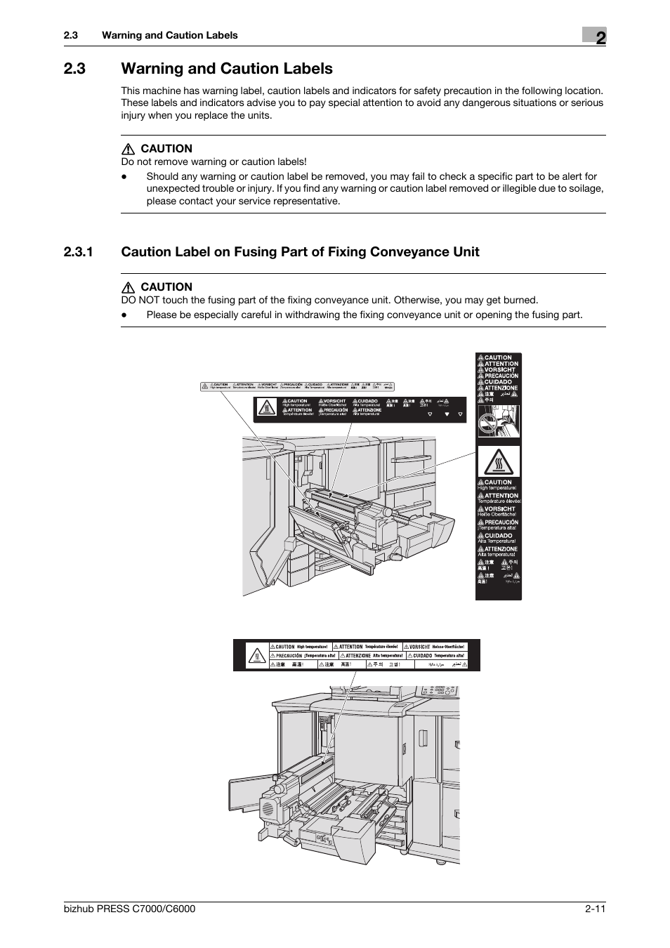 3 warning and caution labels, Warning and caution labels -11 | Konica Minolta bizhub PRESS C6000 User Manual | Page 20 / 42