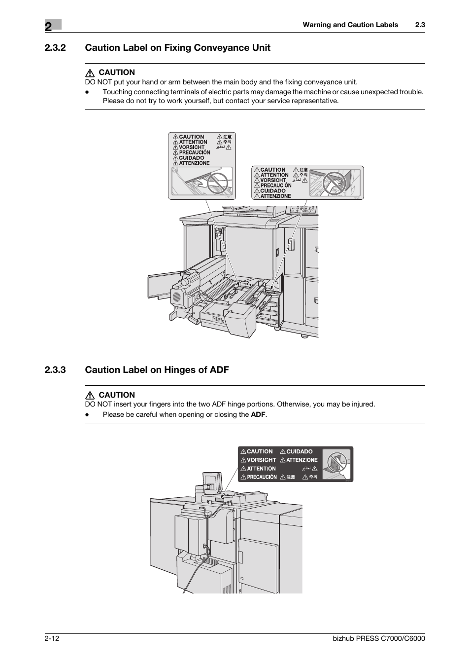 2 caution label on fixing conveyance unit, 3 caution label on hinges of adf, Caution label on fixing conveyance unit -12 | Caution label on hinges of adf -12 | Konica Minolta bizhub PRESS C6000 User Manual | Page 21 / 42