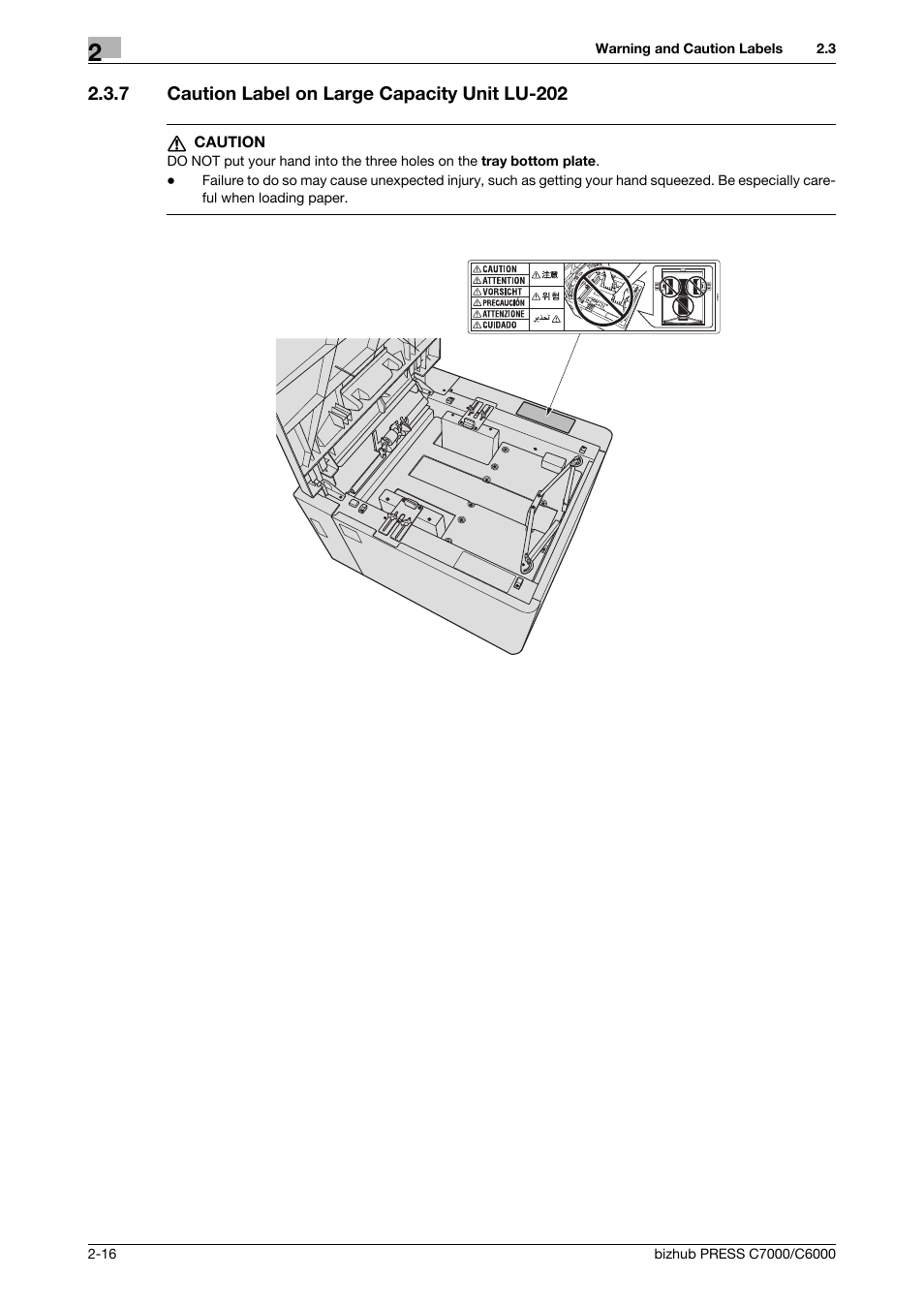 7 caution label on large capacity unit lu-202, Caution label on large capacity unit lu-202 -16 | Konica Minolta bizhub PRESS C6000 User Manual | Page 25 / 42