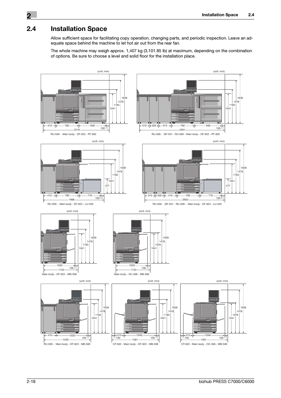 4 installation space, Installation space -18, Installation space | Konica Minolta bizhub PRESS C6000 User Manual | Page 27 / 42