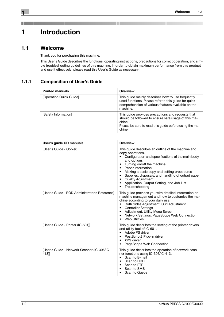 1 introduction, 1 welcome, 1 composition of user's guide | Introduction, Welcome -2, Composition of user's guide -2, 1introduction | Konica Minolta bizhub PRESS C6000 User Manual | Page 5 / 42