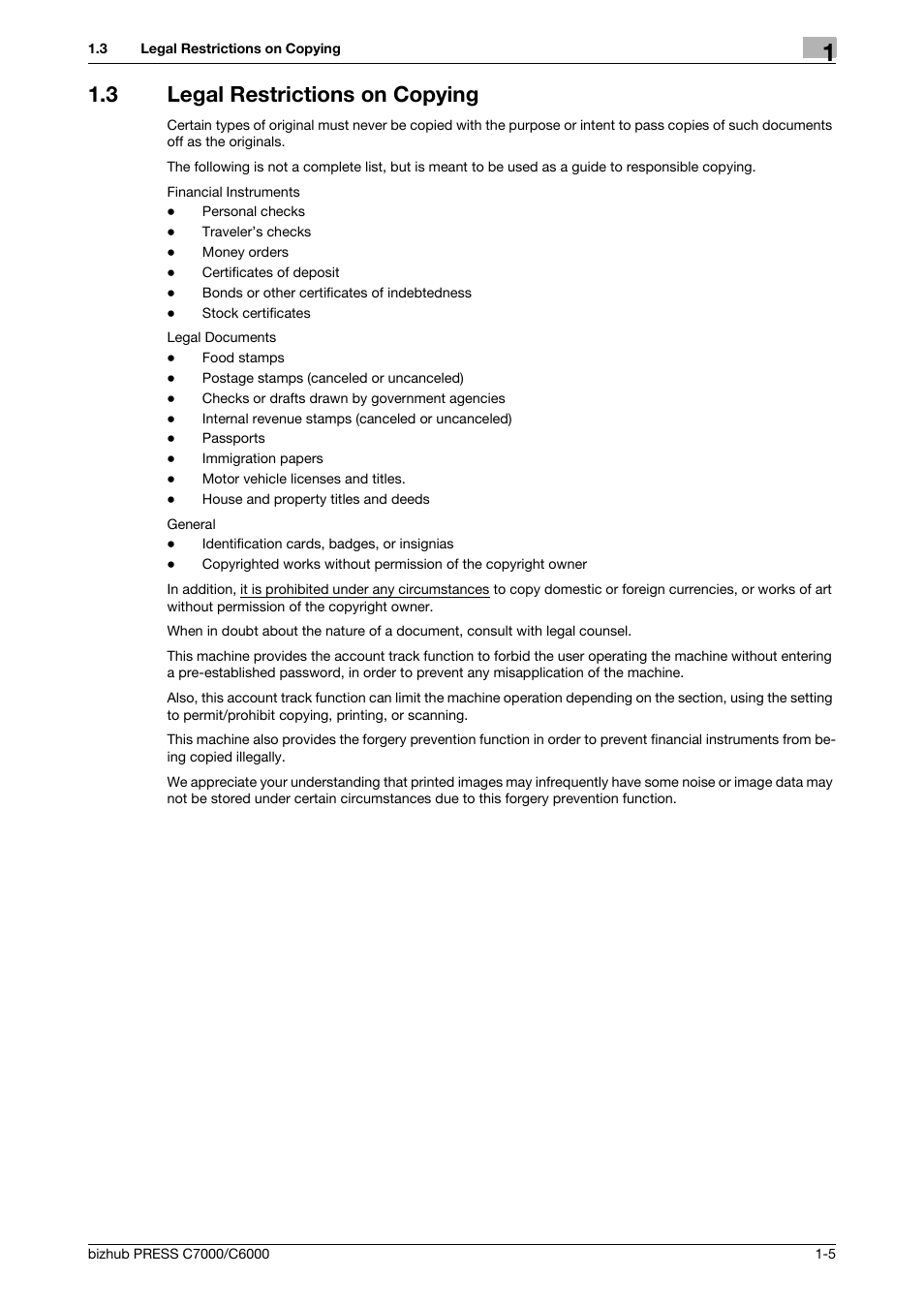 3 legal restrictions on copying, Legal restrictions on copying -5 | Konica Minolta bizhub PRESS C6000 User Manual | Page 8 / 42