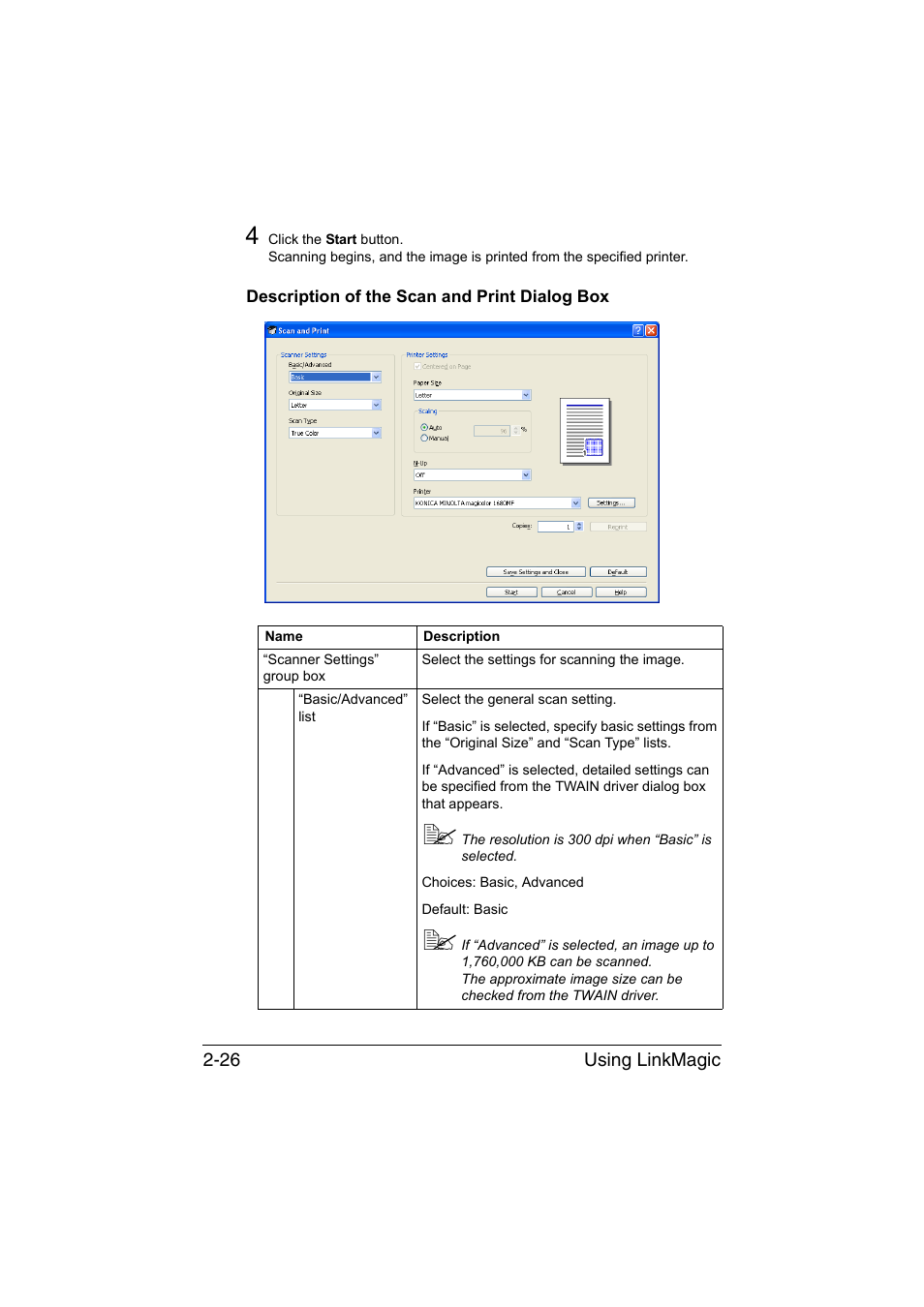 Description of the scan and print dialog box, Description of the scan and print dialog box -26 | Konica Minolta magicolor 1680MF User Manual | Page 109 / 121