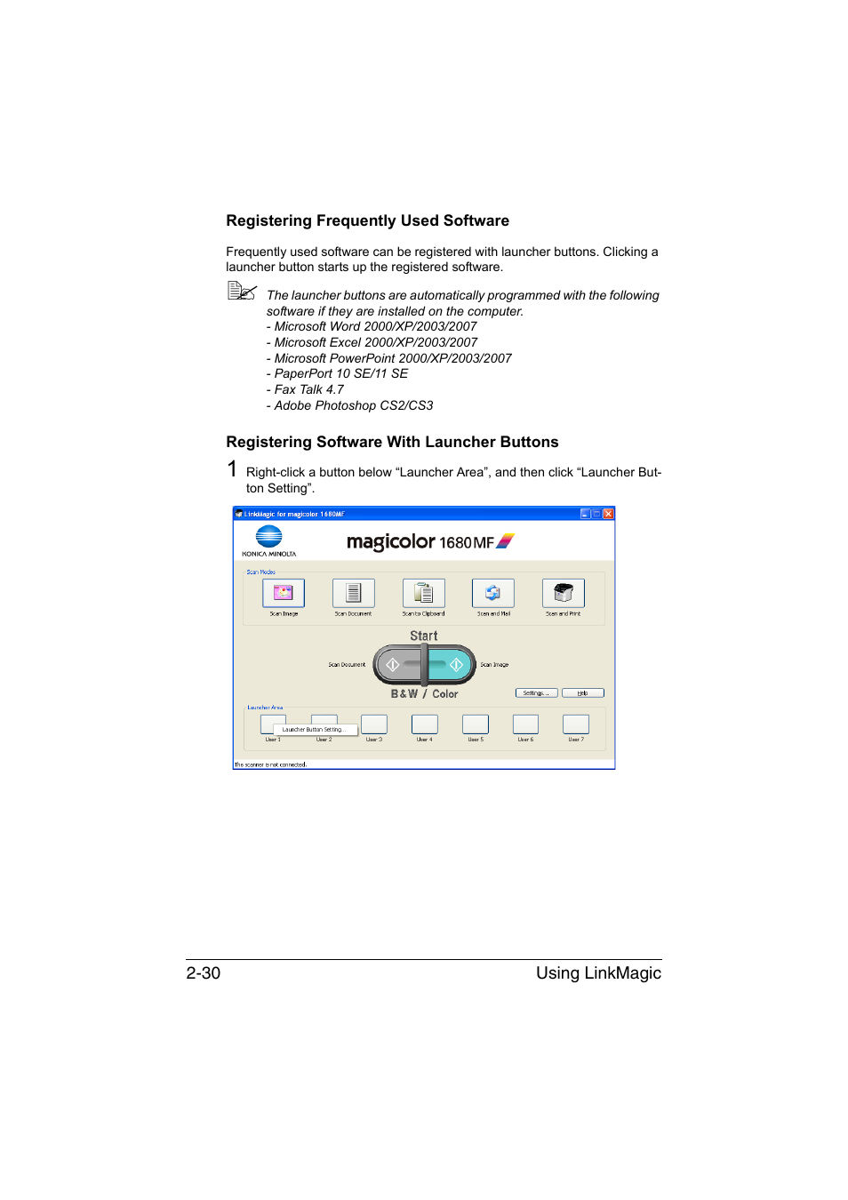 Registering frequently used software, Registering software with launcher buttons | Konica Minolta magicolor 1680MF User Manual | Page 113 / 121