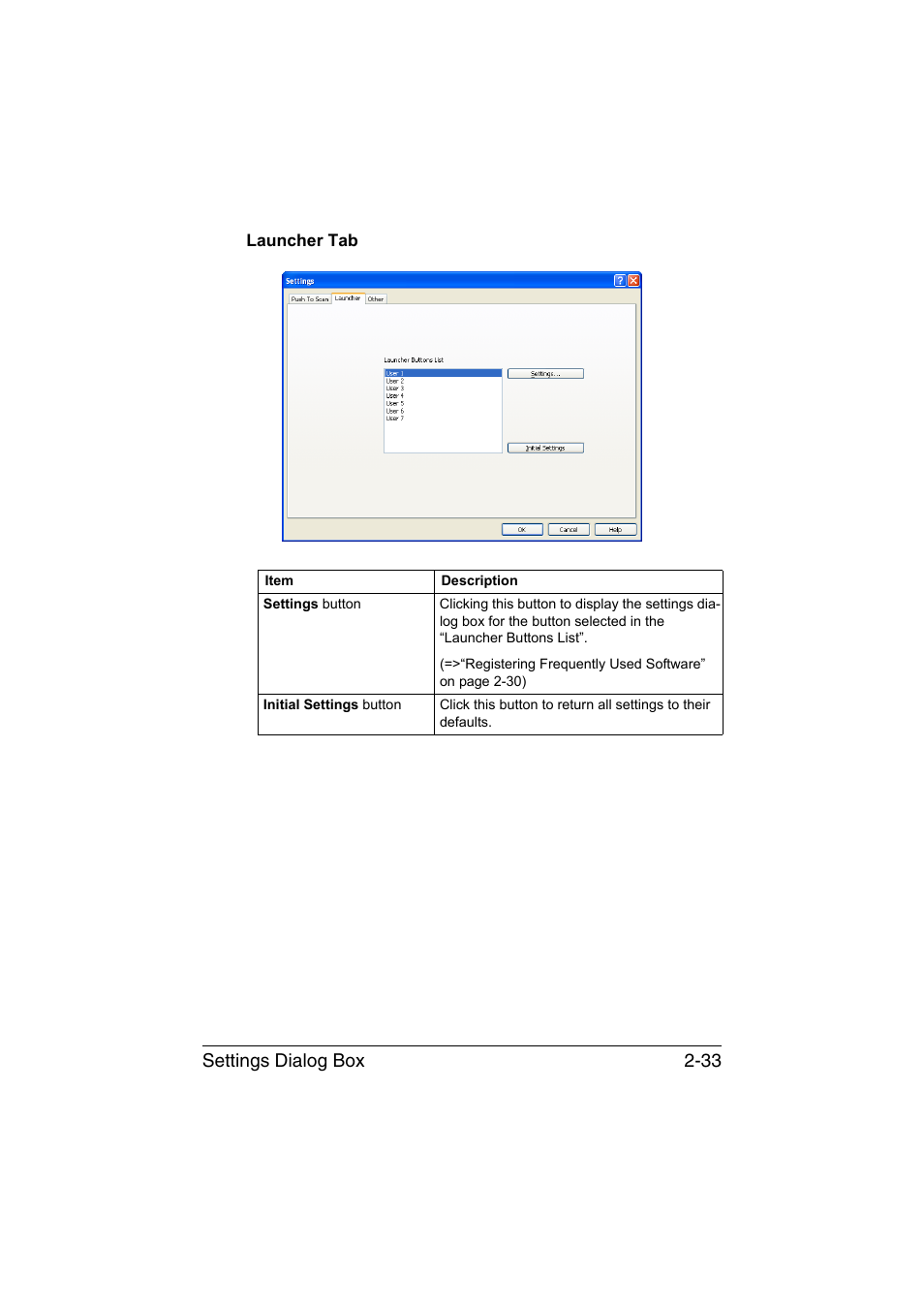 Launcher tab, Launcher tab -33, Settings dialog box 2-33 | Konica Minolta magicolor 1680MF User Manual | Page 116 / 121