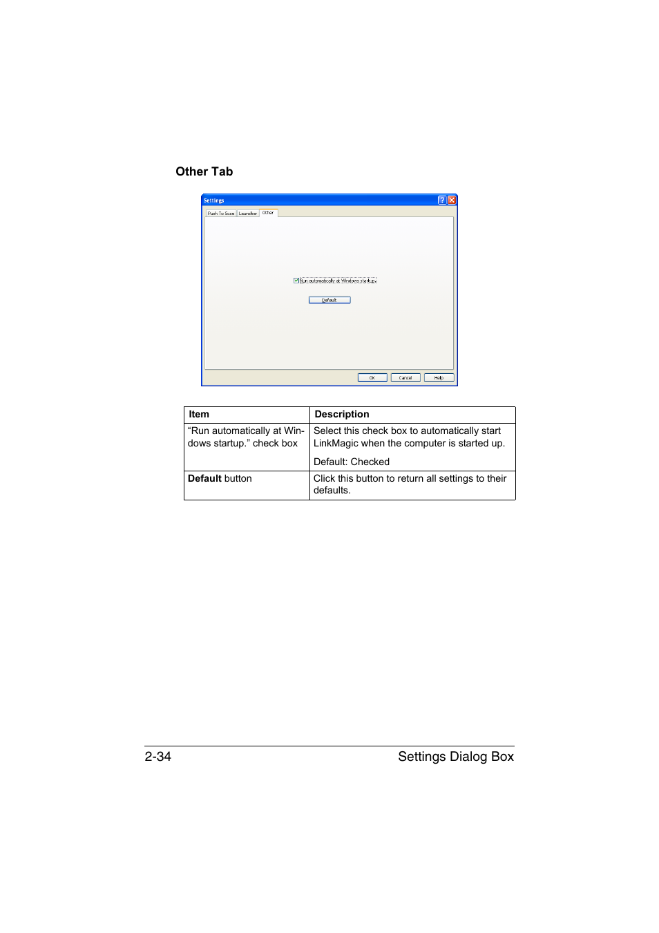 Other tab, Other tab -34, Settings dialog box 2-34 | Konica Minolta magicolor 1680MF User Manual | Page 117 / 121