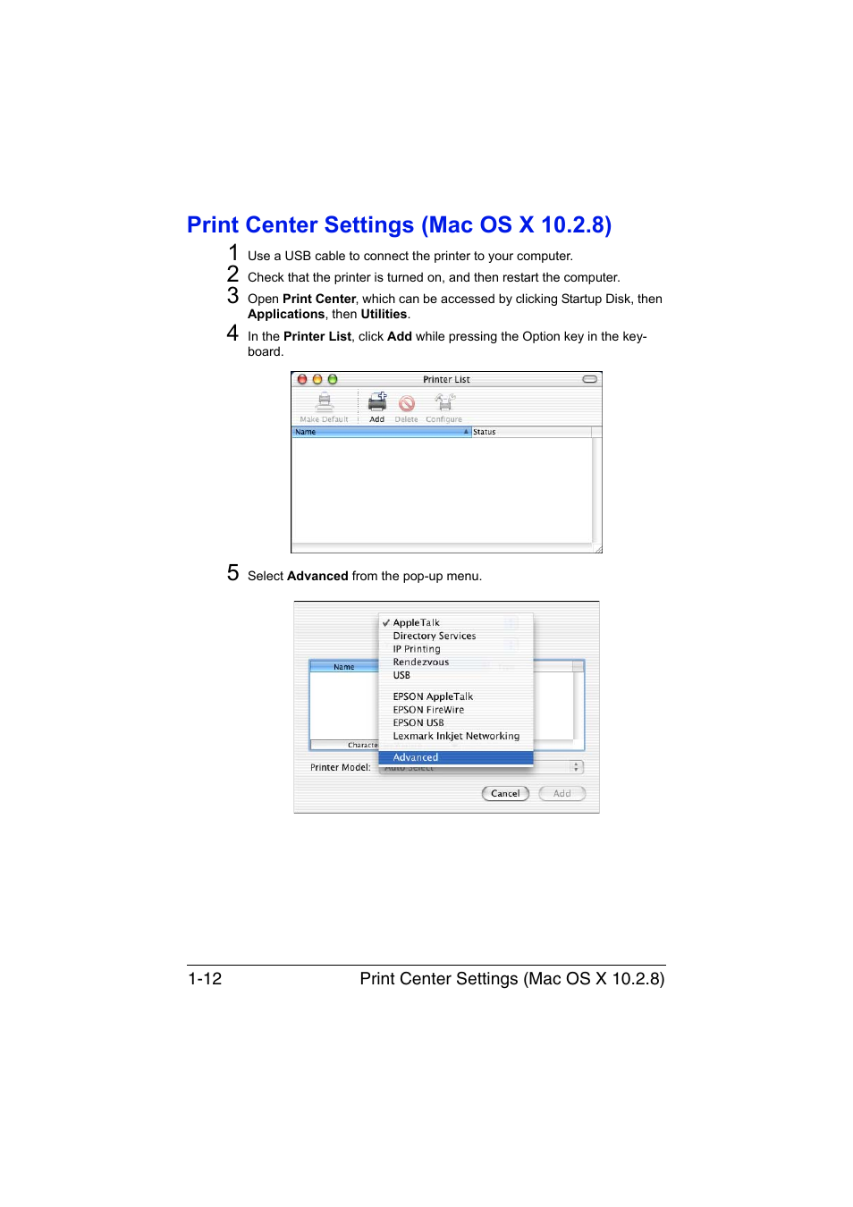 Print center settings (mac os x 10.2.8), Print center settings (mac os x 10.2.8) -12 | Konica Minolta magicolor 1680MF User Manual | Page 19 / 121