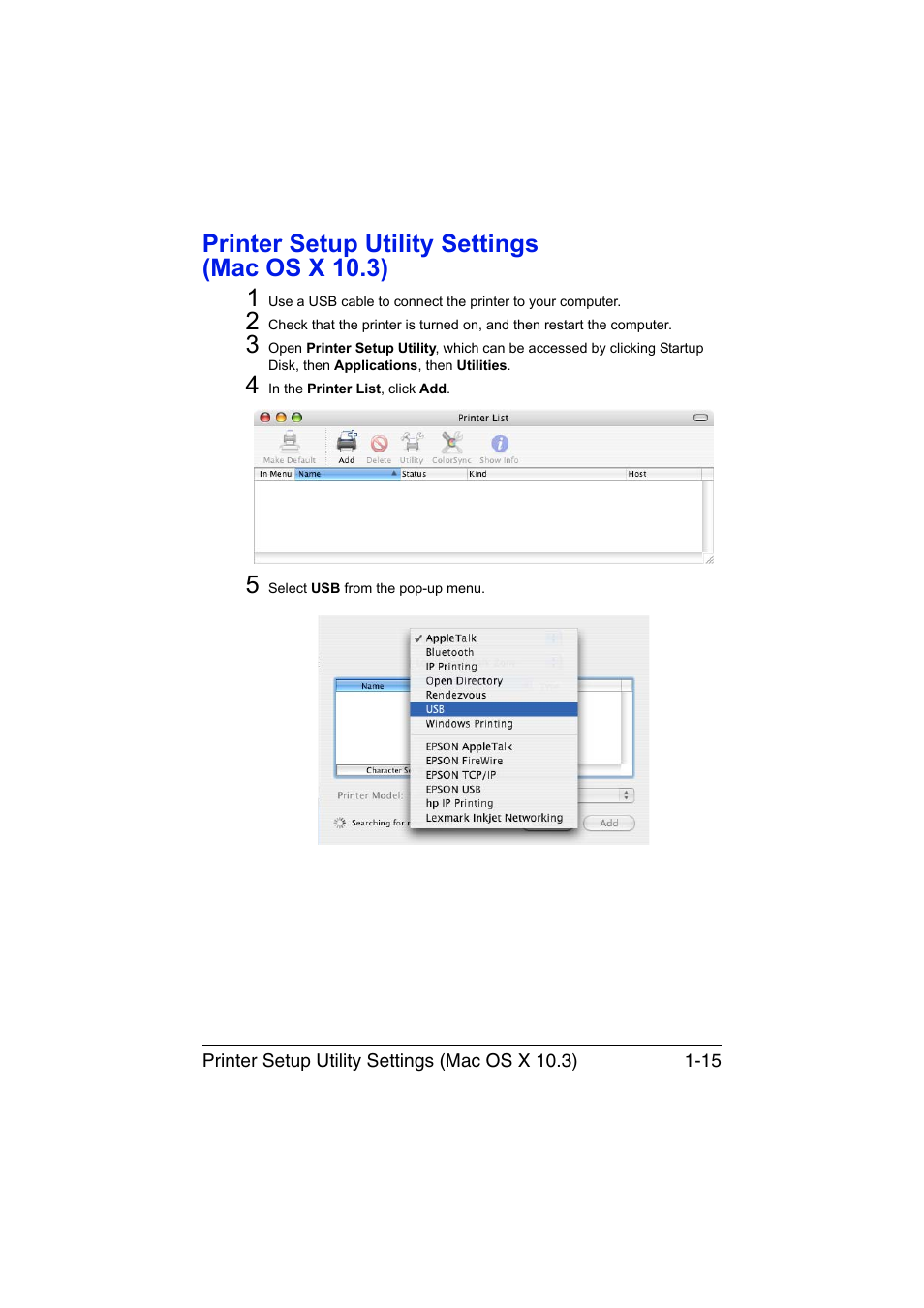 Printer setup utility settings (mac os x 10.3), Printer setup utility settings (mac os x 10.3) -15, Printer setup utility settings (mac os x 10.3) 1 | Konica Minolta magicolor 1680MF User Manual | Page 22 / 121