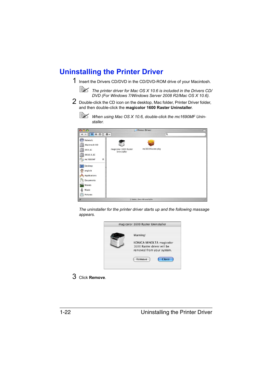 Uninstalling the printer driver, Uninstalling the printer driver -22, Uninstalling the printer driver 1 | Konica Minolta magicolor 1680MF User Manual | Page 29 / 121