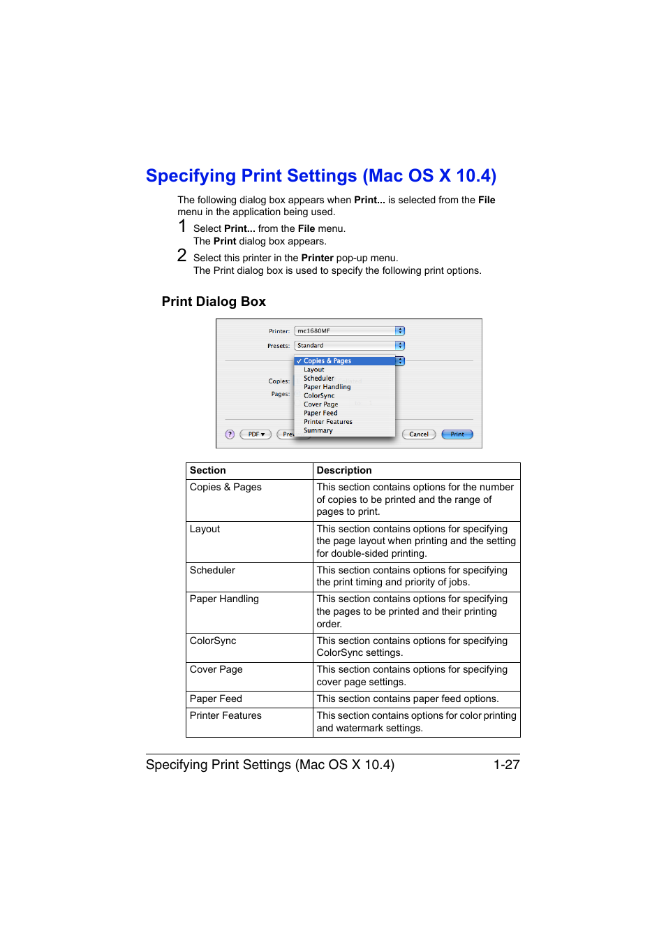 Specifying print settings (mac os x 10.4), Print dialog box, Specifying print settings (mac os x 10.4) -27 | Print dialog box -27 | Konica Minolta magicolor 1680MF User Manual | Page 34 / 121