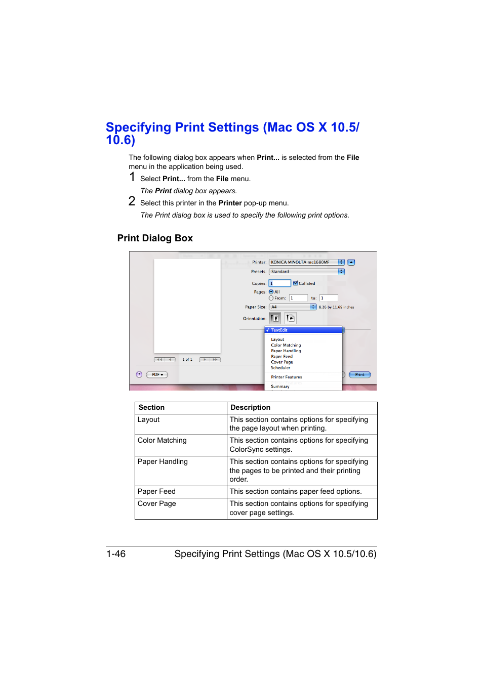 Specifying print settings (mac os x 10.5/ 10.6), Print dialog box, Specifying print settings (mac os x 10.5/10.6) -46 | Print dialog box -46 | Konica Minolta magicolor 1680MF User Manual | Page 53 / 121