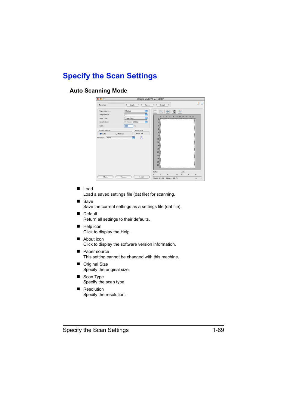 Specify the scan settings, Auto scanning mode, Specify the scan settings -69 | Auto scanning mode -69 | Konica Minolta magicolor 1680MF User Manual | Page 76 / 121