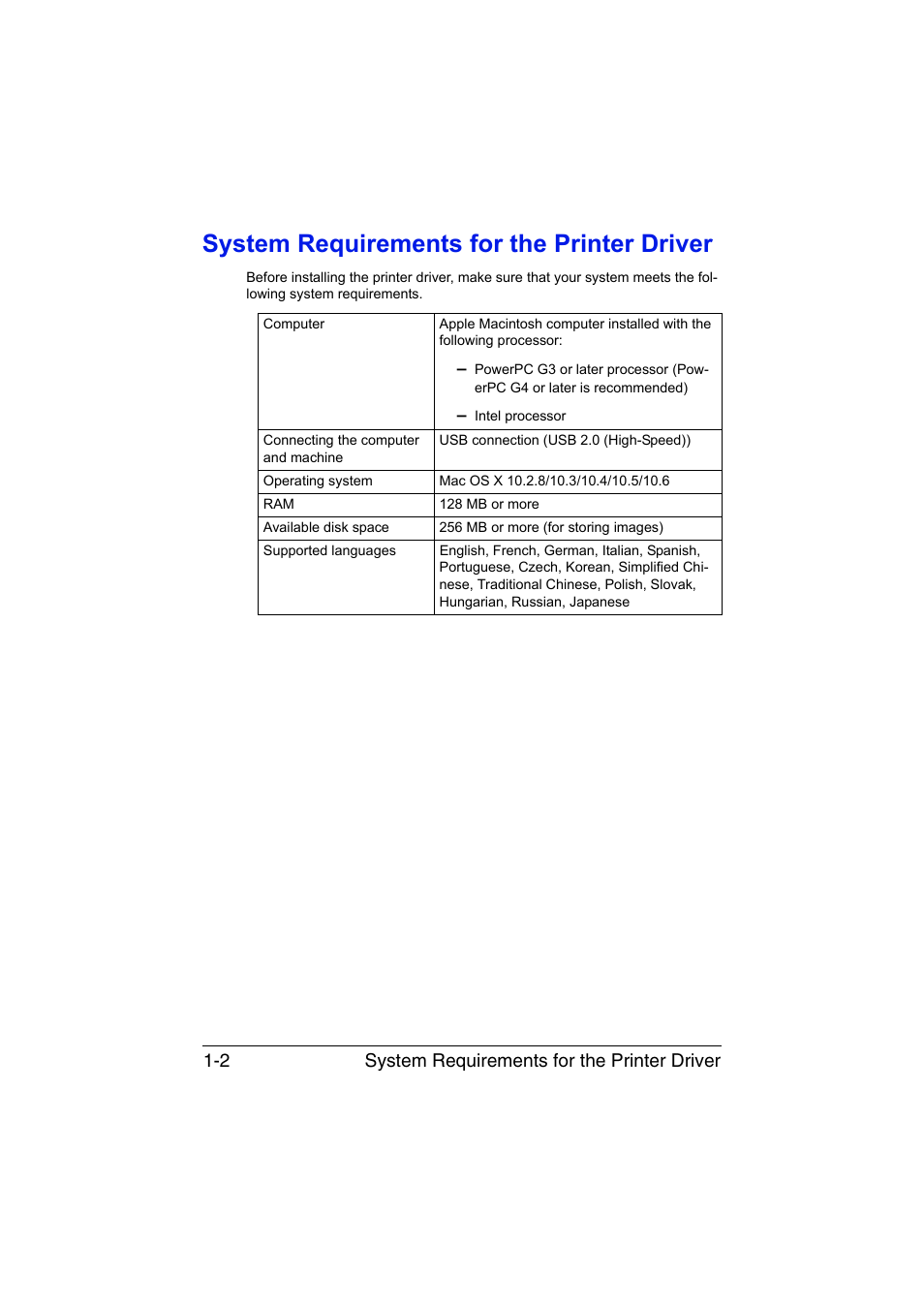 System requirements for the printer driver, System requirements for the printer driver -2, System requirements for the printer driver 1-2 | Konica Minolta magicolor 1680MF User Manual | Page 9 / 121