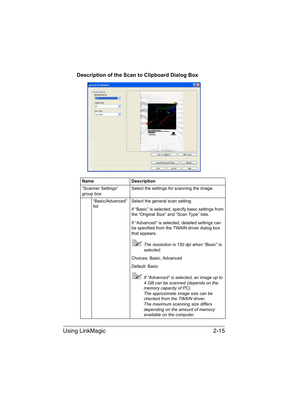 Description of the scan to clipboard dialog box | Konica Minolta magicolor 1680MF User Manual | Page 98 / 121